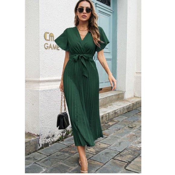 A Classy Chic Boutique Dresses & Skirts - Flutter Sleeve Belted Surplice Midi Dress